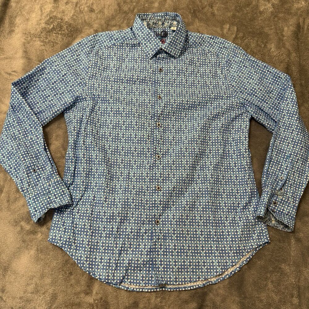 Robert Graham Shirt Men's Medium‎ Blue Diamond Print Geometric Art Classic Fit